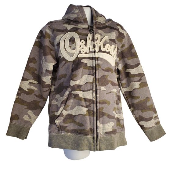 OshKosh Logo Hoodie Boys Zipped Sweatshirt Jacket Grey Camo Size 6 - Picture 1 of 6